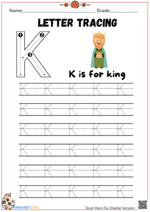 Letter K Tracing Worksheet - King Theme for Preschool & Kinder