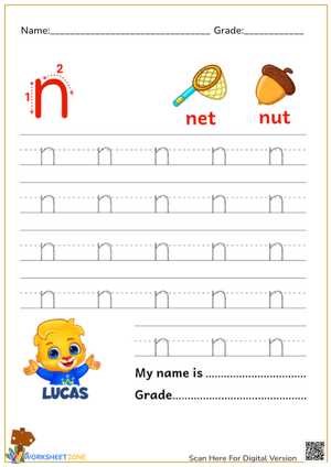 Tracing Letter N Worksheet for Kids – Fun with Net & Nut