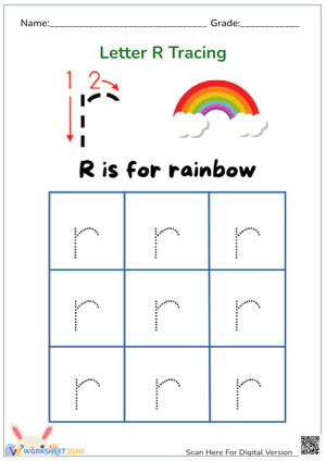 Letter R Tracing Worksheet: 'R is for Rainbow' - Practice Lowercase r