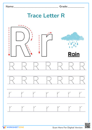 Trace Letter R - Practice Uppercase & Lowercase 'Rain' Writing