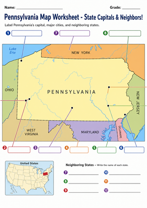 Pennsylvania Map Worksheet - State Capitals & Neighbors!