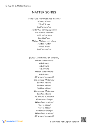 Matter Songs Worksheet: Science Fun with Solids & Liquids!