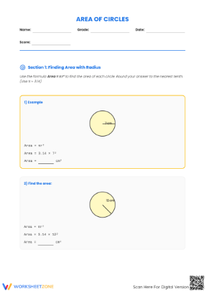 Area of Circles Worksheet | Grade 7 Math Printable