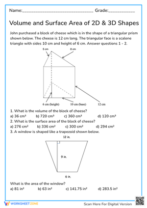 Grade 7 Volume & Area — Printable No-Prep Worksheet