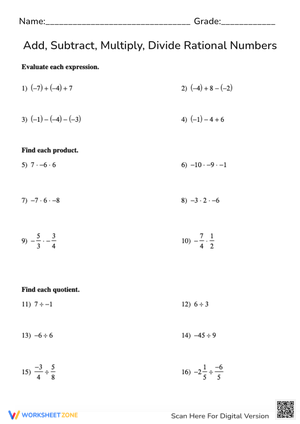 Printable Rational Numbers Operations Worksheet | Grade 7