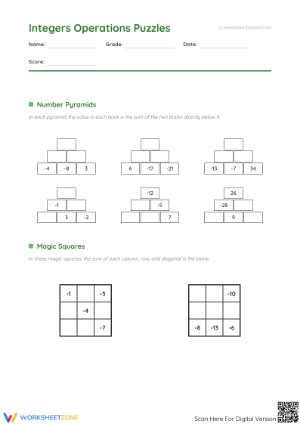 Grade 7 Integer Operations — Printable No-Prep Worksheet