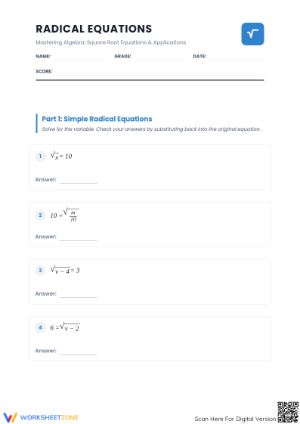 Printable Radical Equations Worksheet | Grade 8 Math