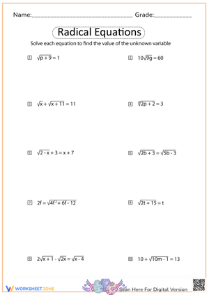 Radical Equations Math Problems