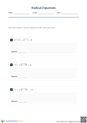 Solving Radical Equations Worksheet | Grade 9 Math Printable