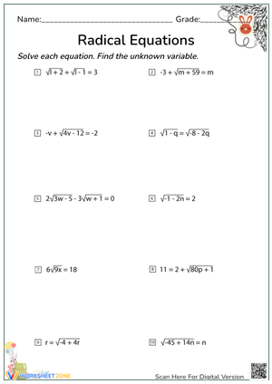 Solving Radical Equations Worksheet with Variables