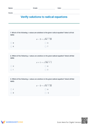 Essential Radical Equations Verification Worksheet | Grade 8