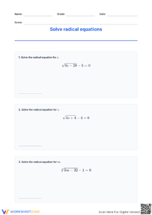 Solving Radical Equations Worksheet | Grade 9 Printable