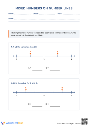 Mixed Numbers on Number Lines | Grade 4 Printable
