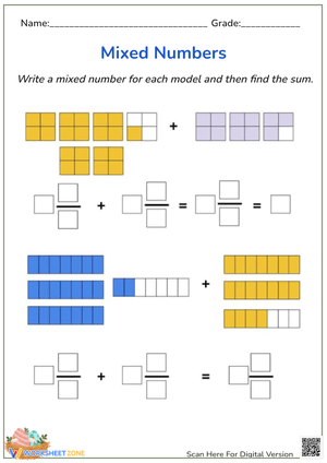Adding Mixed Numbers with Visual Models - Math Worksheet