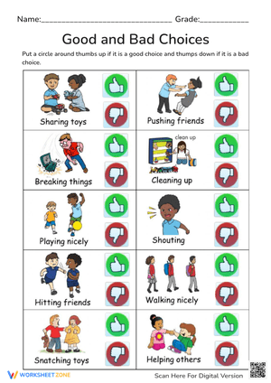 Good & Bad Choices Worksheet - Social Skills Activity for Kids