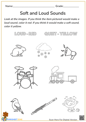 Soft & Loud Sounds Worksheet - Color the Sounds! (Preschool-1st)