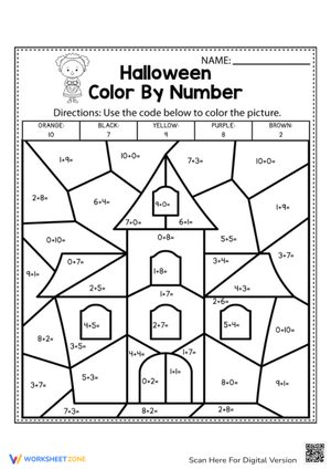 Halloween Color By Number: Addition Fun - Spooky House Worksheet