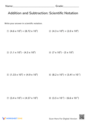 Scientific Notation: Add & Subtract - Math Practice Problems