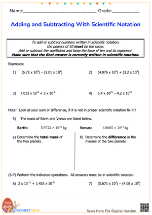 Adding & Subtracting Scientific Notation - Math Worksheet