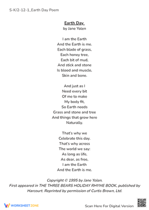 Earth Day Poem by Jane Yolen - K-2 Reading & Nature Connection