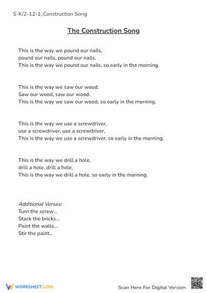 Construction Song Worksheet for Kids