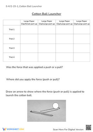 Cotton Ball Launcher: Force & Motion Science Experiment Worksheet