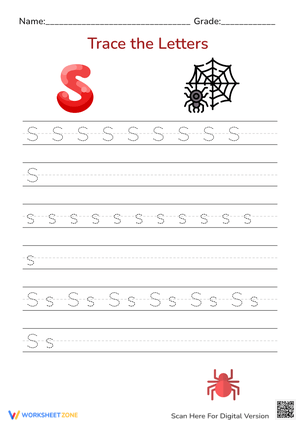 Spider Theme: Letter S Tracing Worksheet for Preschool/Kindergarten