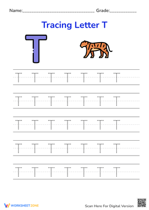 Letter T is for Tiger! Handwriting Practice Worksheet