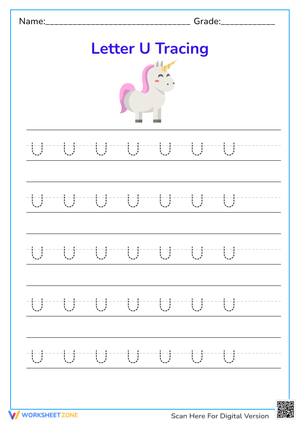 Unicorn Letter U Tracing Worksheet - Preschool & Kindergarten Fun