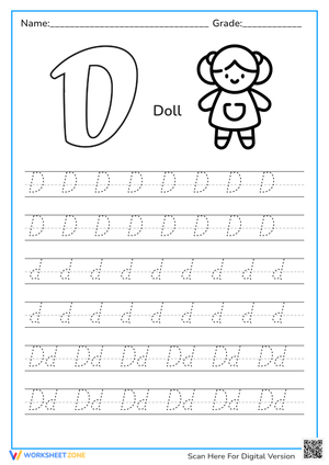 Letter D for Doll Tracing Worksheet