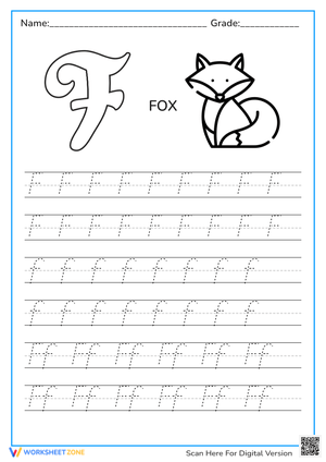 Letter F for Fox Tracing Worksheet 