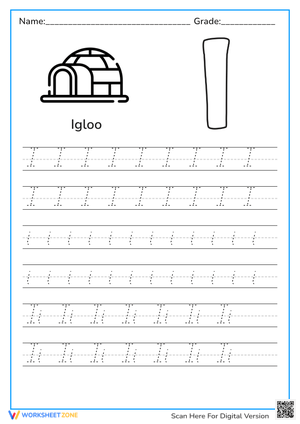 Letter I for Igloo Tracing Worksheet 