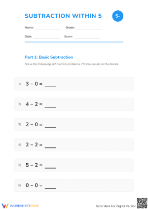 Subtraction Within 5 Worksheet | Grade K Math Printable