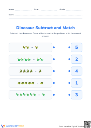 Kindergarten Dinosaur Subtraction — Printable Worksheet