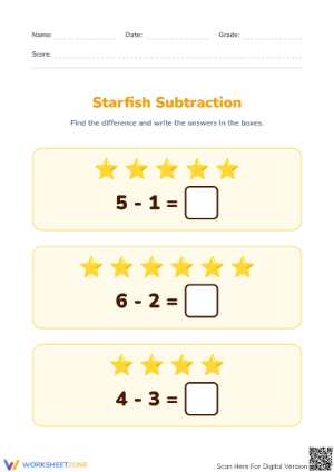 Starfish Subtraction Worksheet | Essential Grade 1 Math