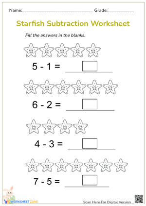 Starfish Subtraction Worksheet