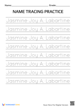 Name Tracing Practice for Jasmine-Joy A. Labartine