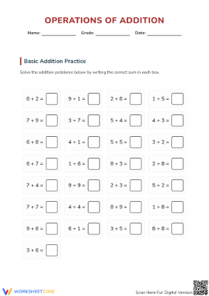 Essential Addition Within 20 Worksheet | Grade 1 Math