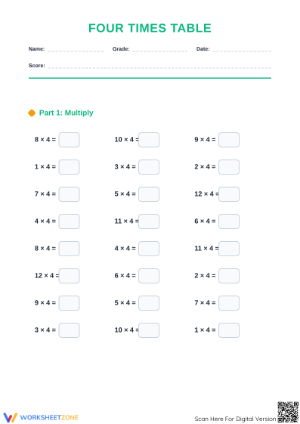 Grade 5 Four Times Table — Printable No-Prep Worksheet