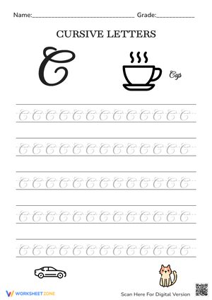 Cursive Letter C Practice - Handwriting Worksheet for Kids