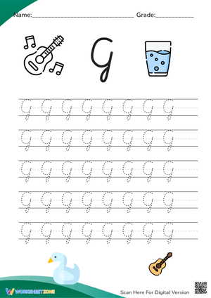 Cursive G Practice with Guitar and Glass Theme
