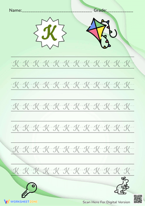 Cursive K Practice: Kite & Key Handwriting Worksheet
