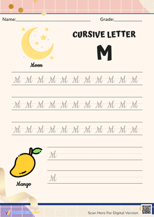 Cursive M Practice Sheet: Moon & Mango Adventure