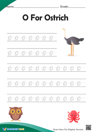 Cursive O Practice with Ostrich and Friends
