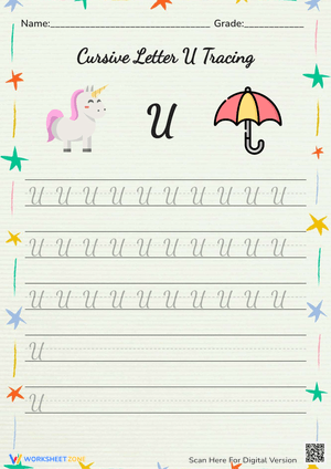 Cursive Letter U Practice Sheet with Pictures