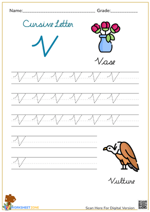 Cursive V Practice: Vase & Vulture - Handwriting Worksheet
