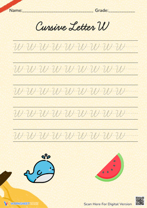Cursive Letter W Worksheet: Watermelon Handwriting Practice