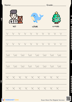 Aesthetic Letter Practice V, W, X - Cute Animal Theme Worksheet