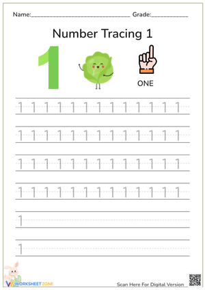 Number 1 Tracing Worksheet for Kindergarten Math