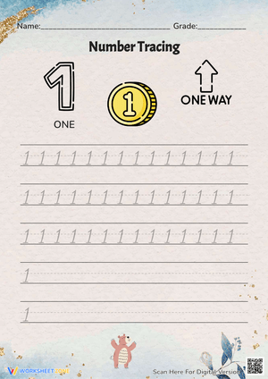 Number 1 Tracing Worksheet with Visual Learning Cues 